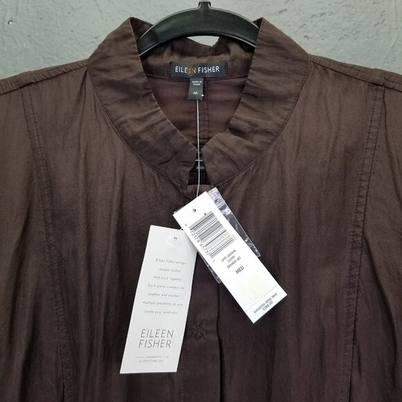 Eileen Fisher Seamed Jacket Medium Silk Blend Crinkle Clove Brown Snap Front NEW - Picture 3 of 16